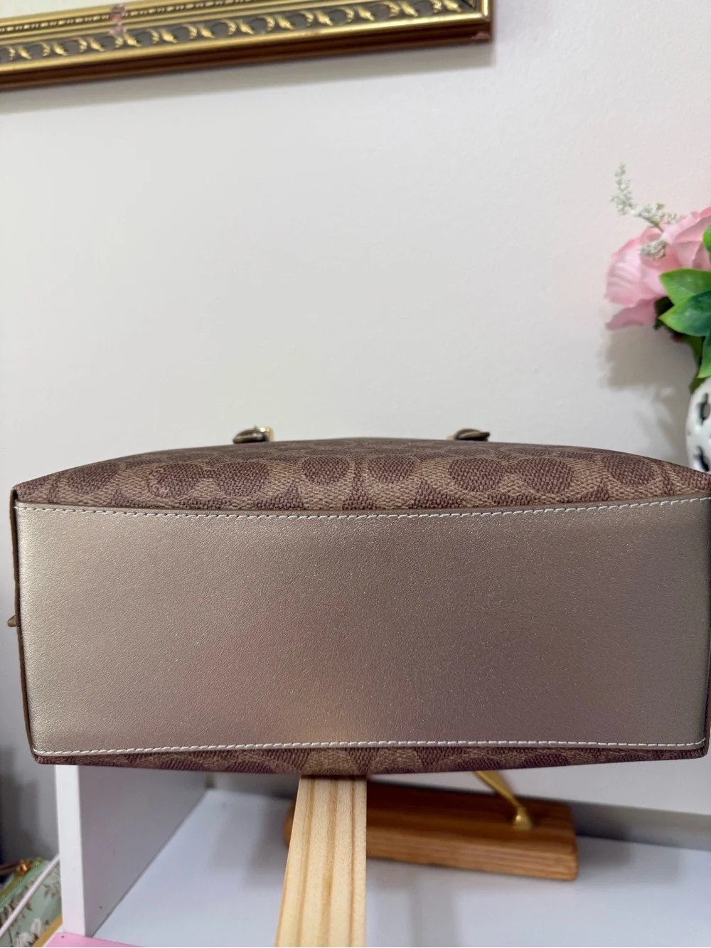 Coach Brown Signature Satchel With Lt Champagne Straps  and Bottom